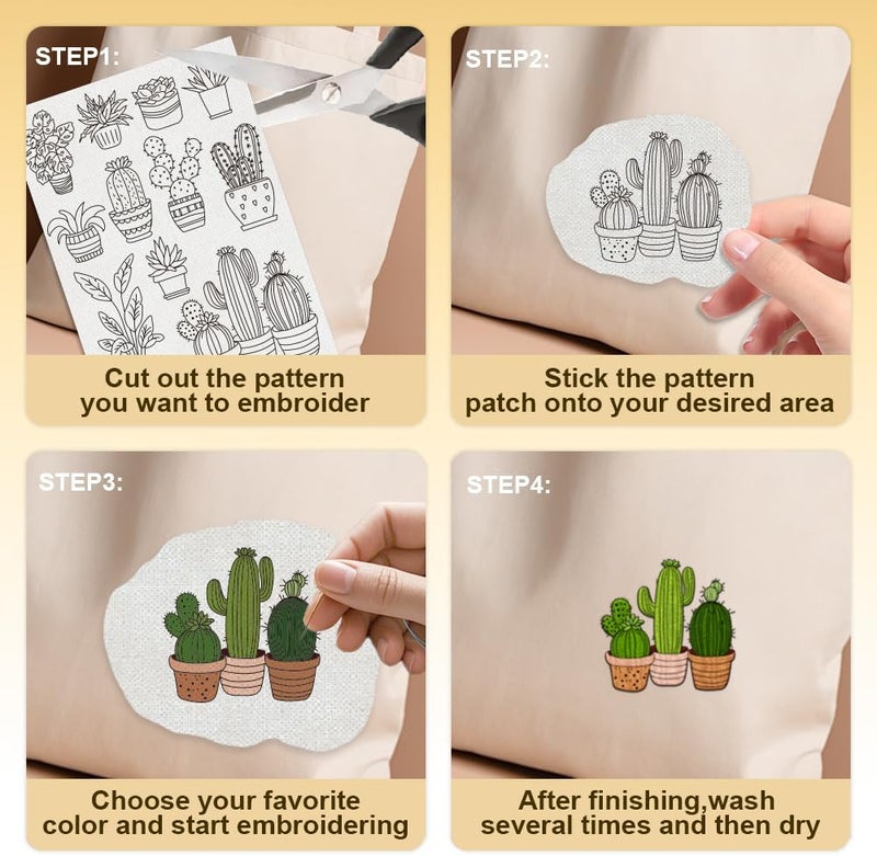 DOODLREAM 30Pcs Bonsai Cactus Embroidery Pattern Stabilizers, 8.3"x11.7" Potted Cacti Water Soluble Stick and Stitch Embroidery Stickers, 4 Sheets Cactus Hand Sewing DIY Embroidery Paper - Image 4